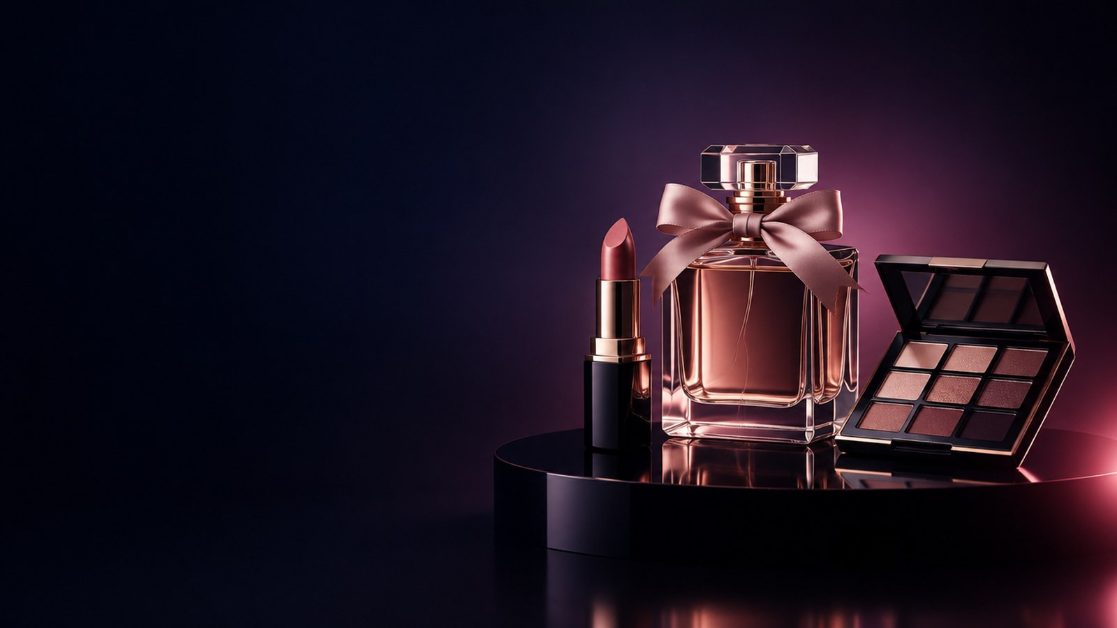 A ribboned perfume bottle with a lipstick and eyeshadow palette on a dark podium