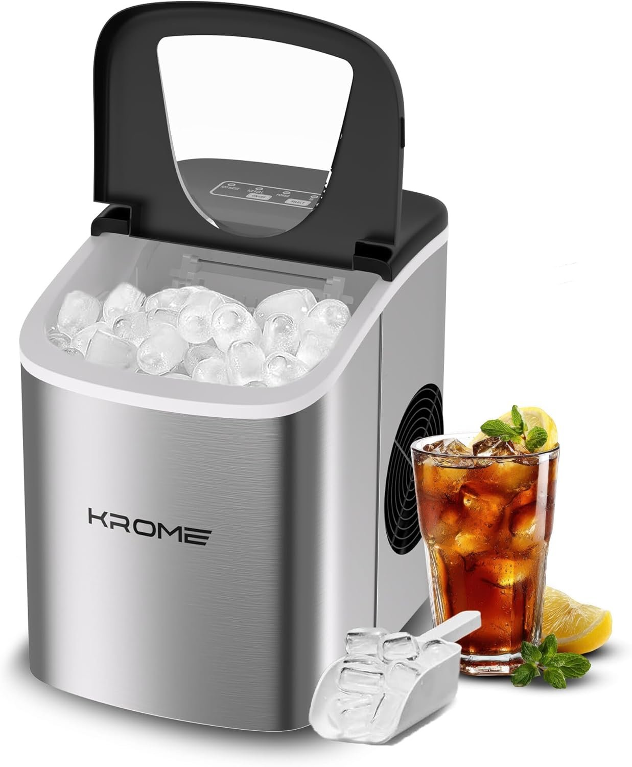 Krome Ice Maker Machine, 12Kg/24H Capacity, 9 Bullet Cubes Per Cycle, 2 Ice Sizes, Led Display, 2.2L Water Tank, Removable Basket, Soft-Touch Controls, Auto Clean Kr-Im22Sh