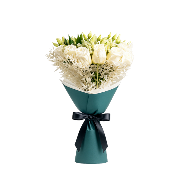 Morning Dew – 10 White Rose & 4 Lisianthus Bouquet