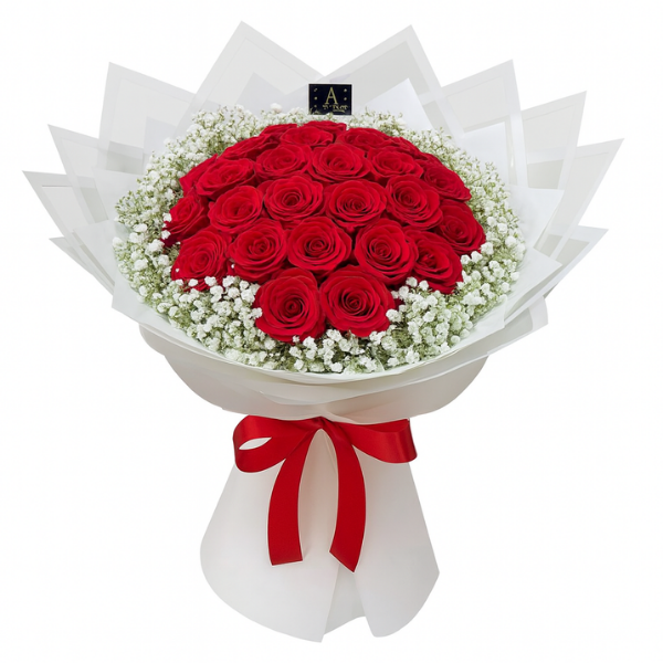 Red Bouquet with White Wrapping – 35 Premium Roses