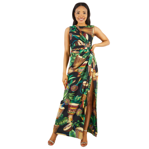 Women Allover Print Sleeveless Tie Front Dress, Black 2