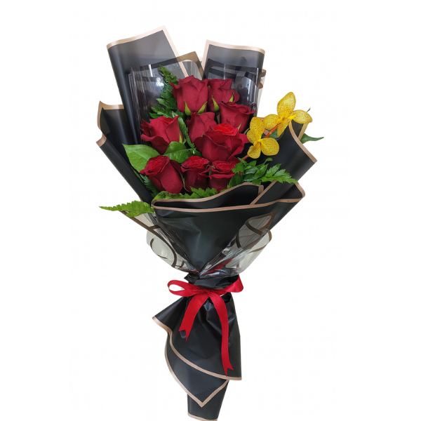 SHB-001 – Elegant Premium Red Rose Bouquet with Yellow Orchid Accent