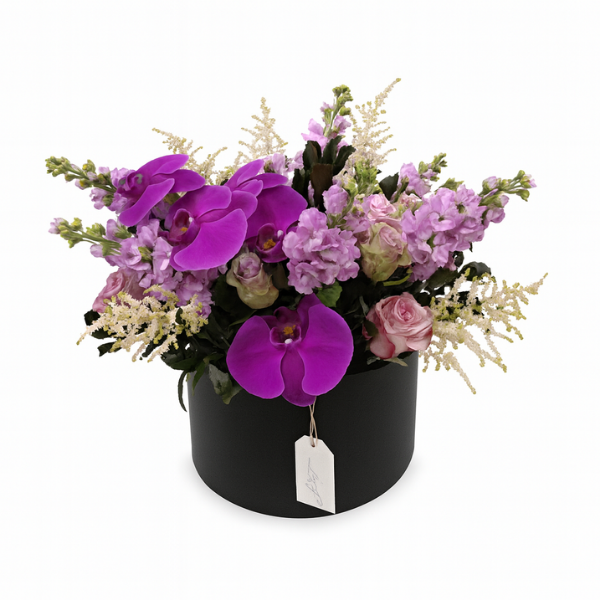 bbox-R20 – Purple Orchid & Pastel Rose Floral Box Arrangement