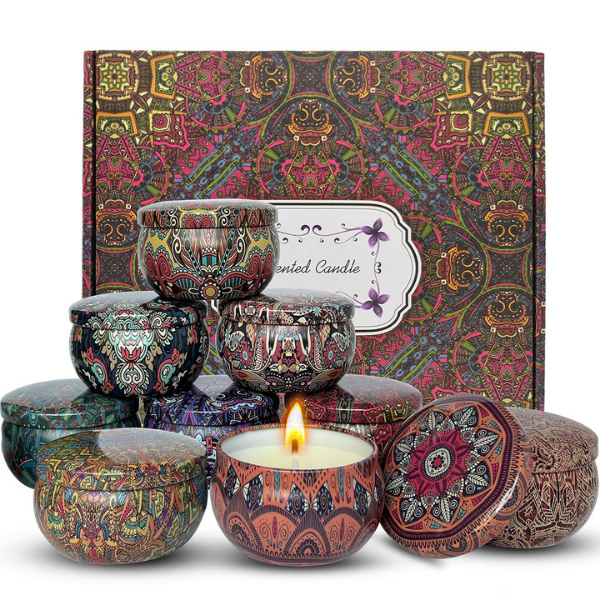 Scented Candles Gift Set, 9pcs Natural Soy Wax Jar Candle Long Lasting Portable Aromatherapy Candle for Home Scented, Various Fragrance Tin Candle Stress Relief for Bath Yoga SPA Sleep Christmas Party