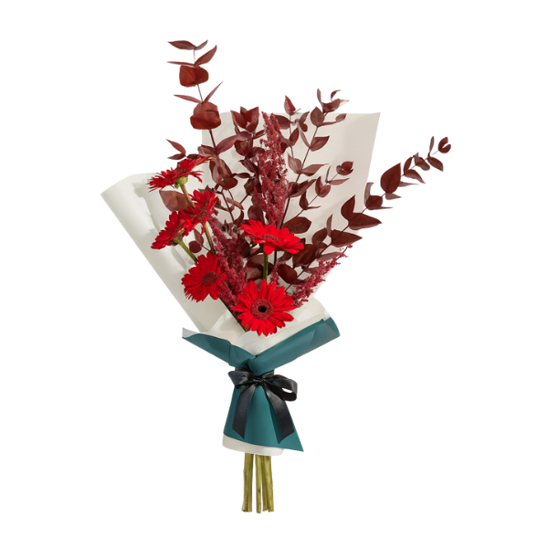 Crimson Grace – Red Gerbera & Eucalyptus Bouquet (5 Garbera and 3 Dry Flowers)