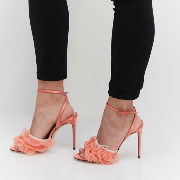 Women Open Toe Adjustable Buckle Stiletto Heel Sandals, Peach 2