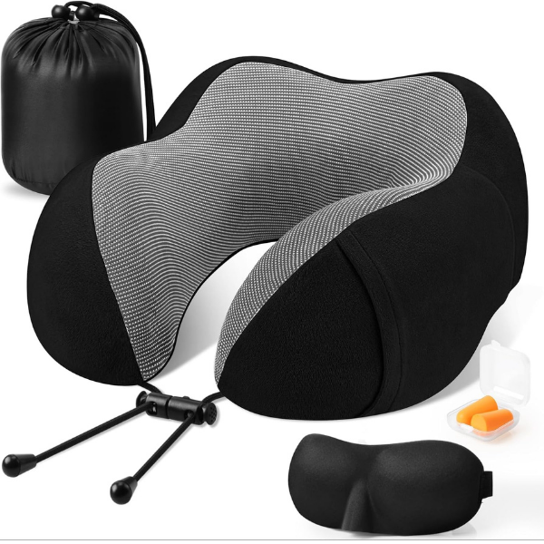 THMINS Black Travel Pillows,For Airplane, Neck Pillow for Travel,Neck Support Comfortable & Breathable Cover, Airplane Travel Kit with 3D Contoured Eye Masks