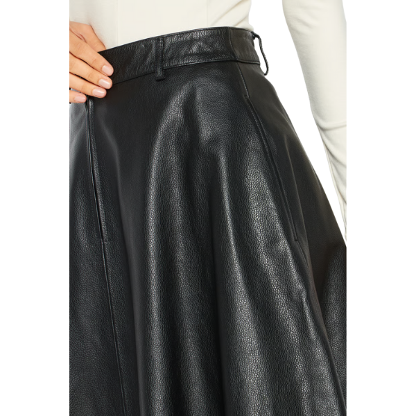 Women Textured Leather Midi Skirt, Black 4