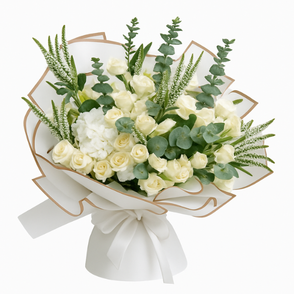 HB-0038 – Pure Serenity White Rose & Eucalyptus Bouquet