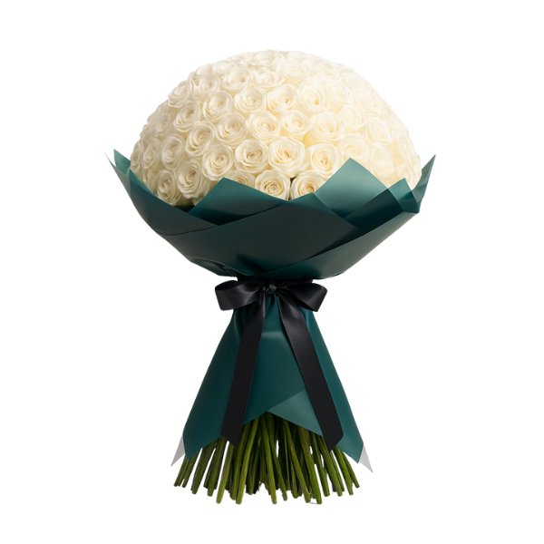Majestic Purity – 100 White Roses Grand Bouquet