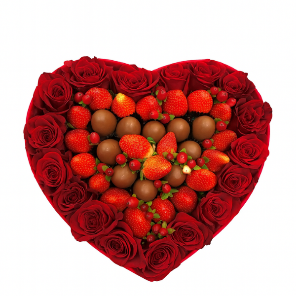 Sweet Desire – Red Roses, Strawberries & Chocolates Heart Box