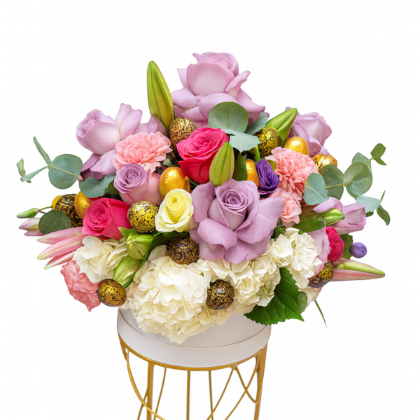 Golden Charm – Roses & Chocolates Arrangement