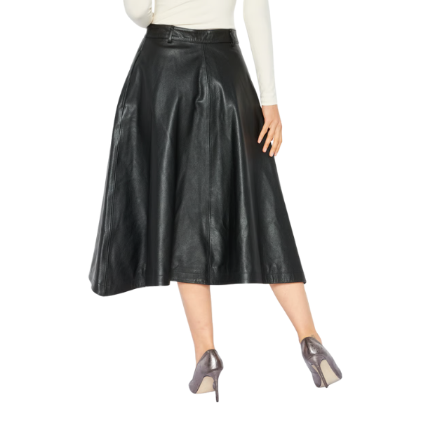Women Textured Leather Midi Skirt, Black 3
