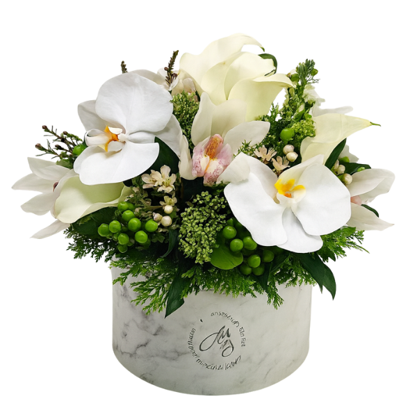 WBX-035 – White Orchid & Calla Luxe Marble Box Arrangement