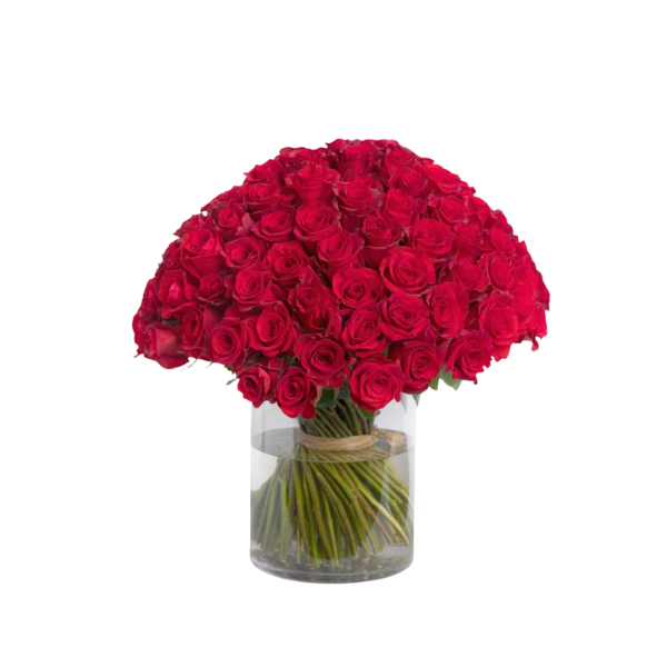 Eternal Passion – 100 Red Roses in Glass Vase