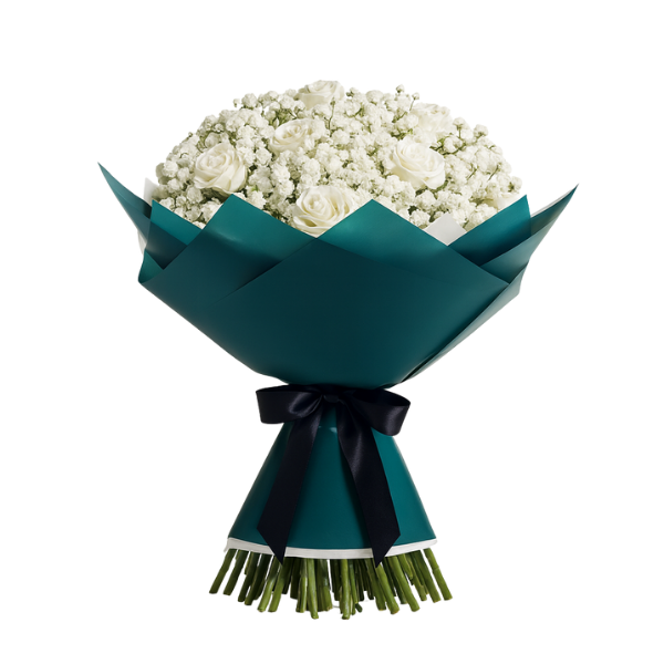 Pure Grace – 39 White Rose & Baby’s Breath Bouquet