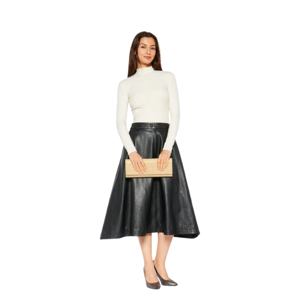 Women Textured Leather Midi Skirt, Black 2