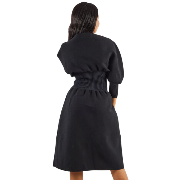 Women Solid Cinched Waist Dress, Black 3