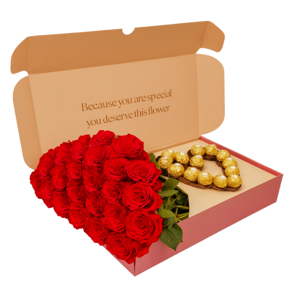 Red Roses Luxury Box with Premium Chocolates – 18 Roses