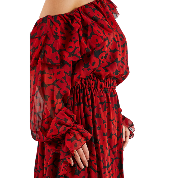 Women Poppy Print Long Sleeve Mini Dress, Red 4