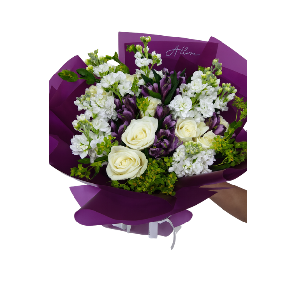 HB-0021 – Purple Charm White Rose & Stock Bouquet