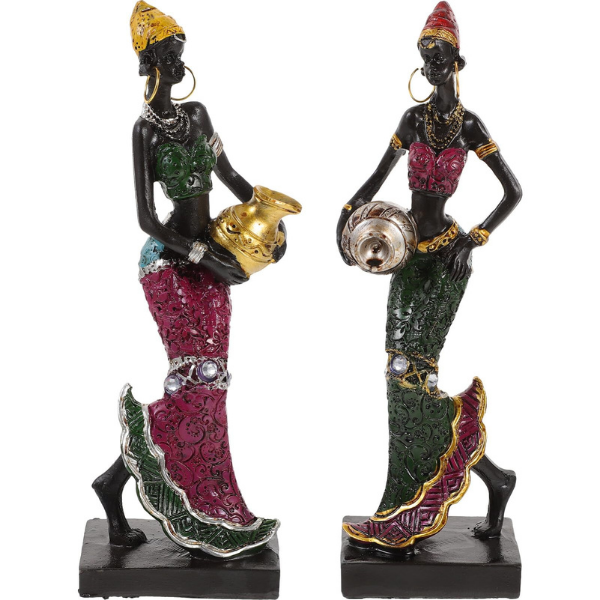 NALACAL African Sculpture 2pcs African Women Girls Figure Tribal Lady Figurine Statue Decor Collectible Black Human Dolls Art Piece for Living Room Shelf Accent Gift