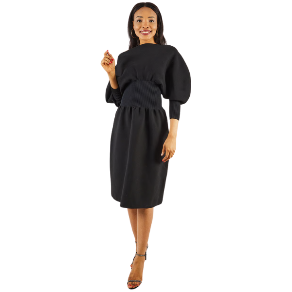 Women Solid Cinched Waist Dress, Black 2