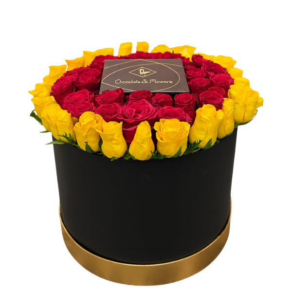 Sunset Royale – Yellow & Red Roses with Chocolate Box