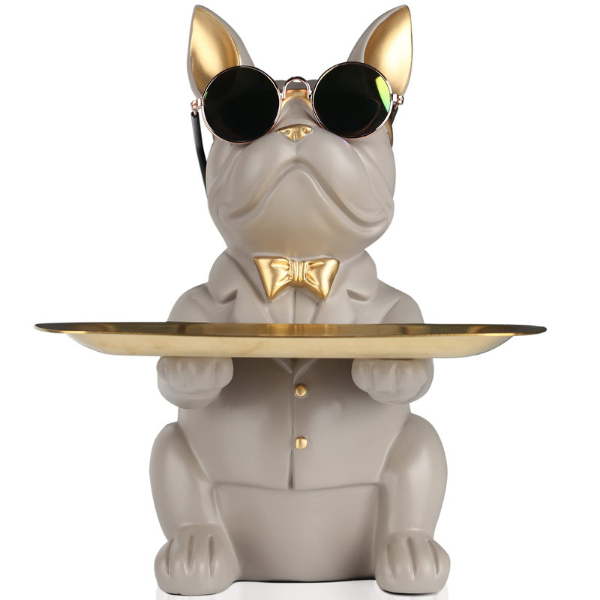 suruim Resin Bulldog Desk Storage Statue Animal Sculpture Table Decoration Multifunction Office Home Decor Coin Piggy Bank Storage Tray (Light Brown)