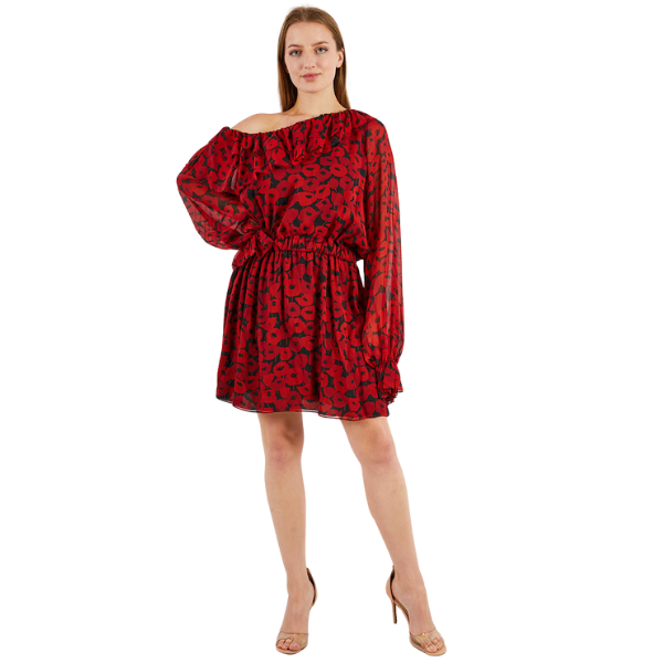 Women Poppy Print Long Sleeve Mini Dress, Red 2