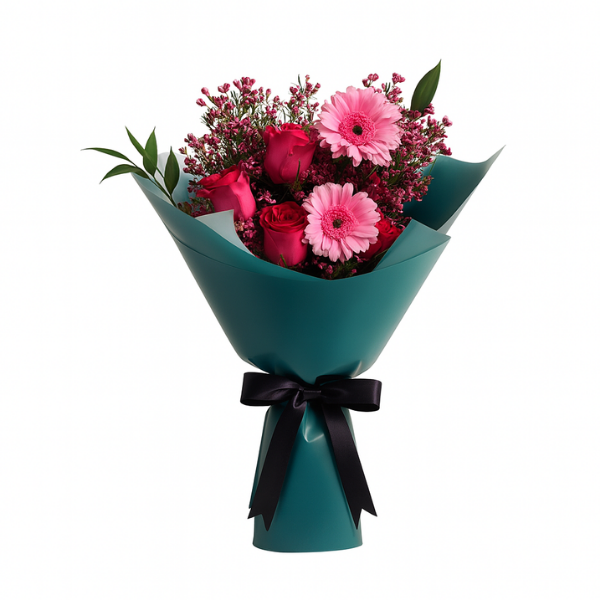 Blushing Harmony – Gerbera & Red Rose Bouquet